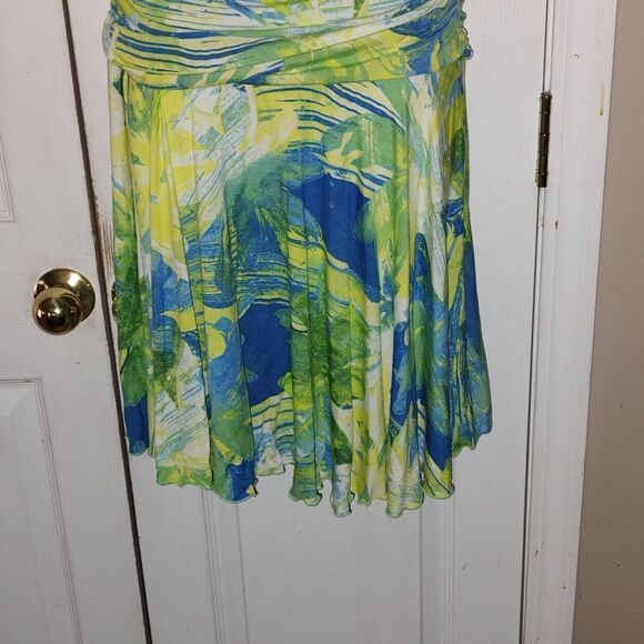 Vintage Joseph Ribkoff Strapless Bandeau Dress  Floral Ruched Green Blue Sz 4 - Picture 2 of 6